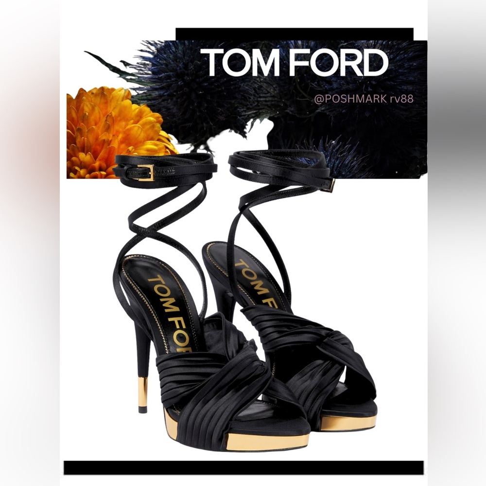 TOM FORD Pleated Satin Ankle-Wrap Platform Sandals - Black Size 37 NWOT